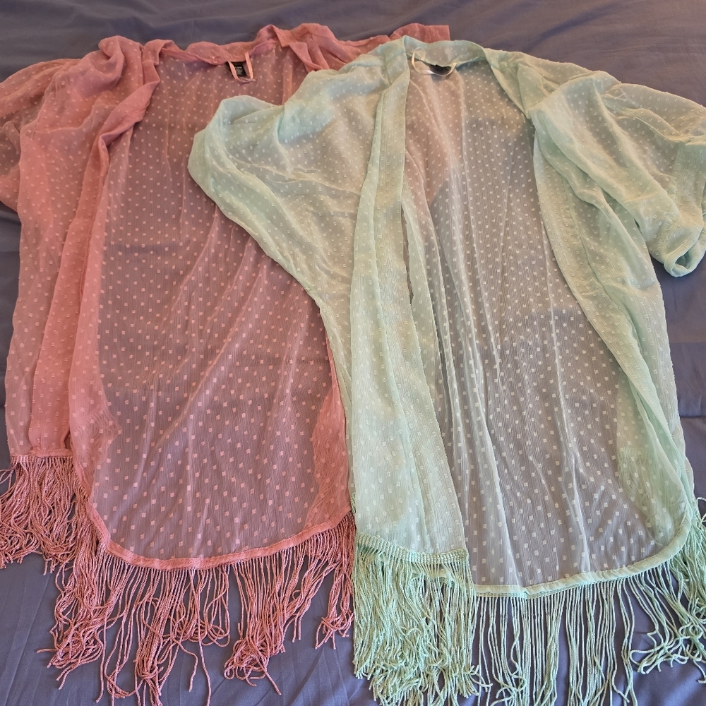 Mixit Lightweight Kimono Cover Up (Set Of 2) Pink Mint Green One Size Tassels